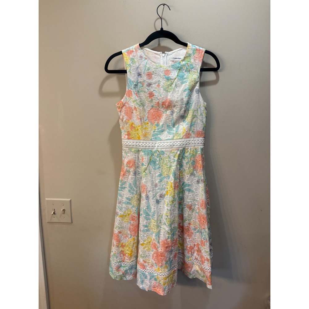 Calvin Klein Floral Eyelet Fit‎ & Flare Dress White Multi Pastel Watercolor 2